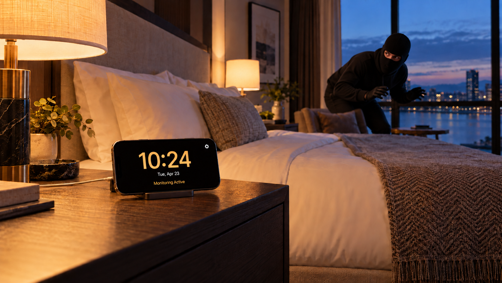 Hotel Watch on a nightstand, with a staged prowler in the hotel-room background.
