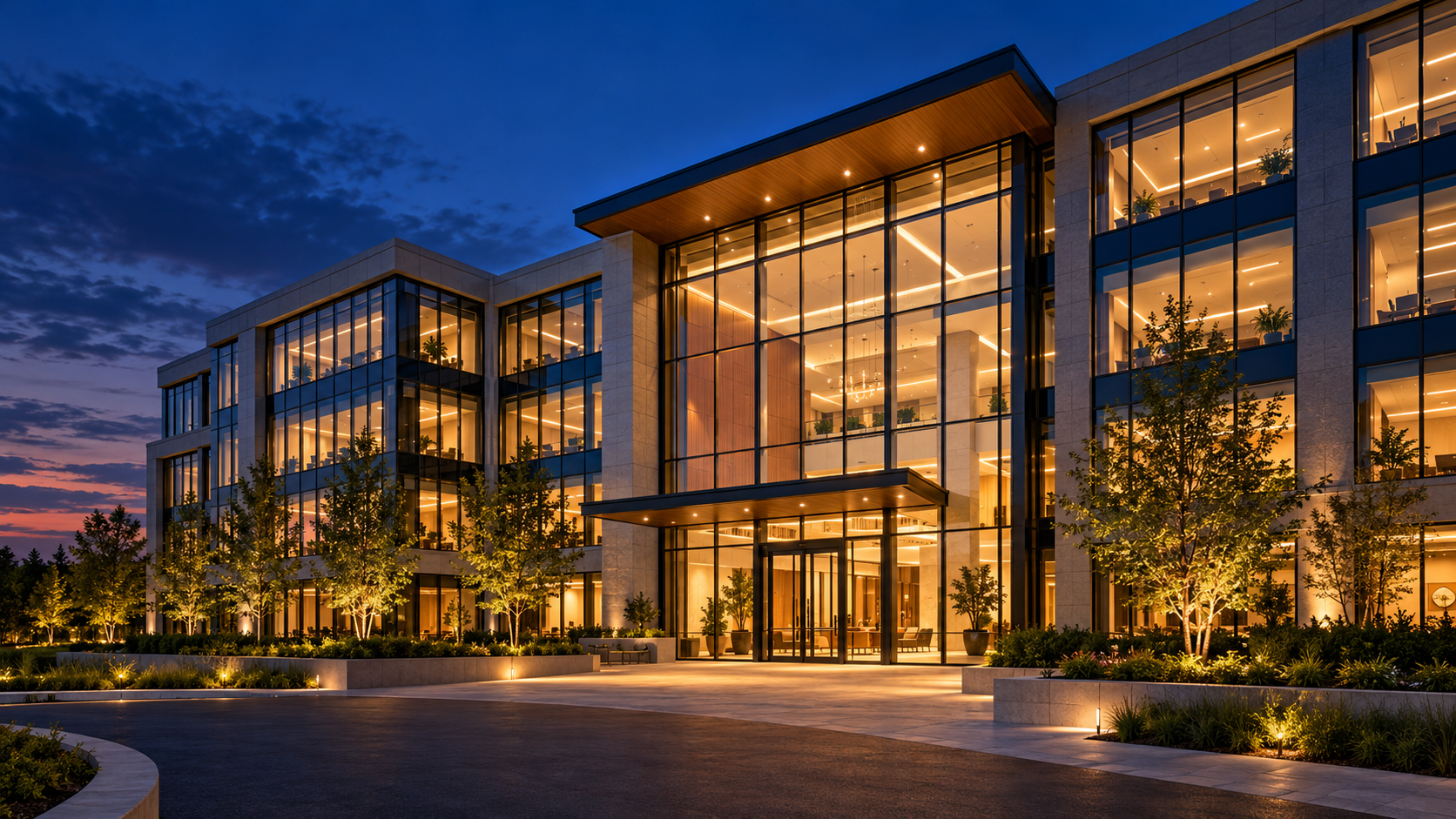 A modern office building at dusk with warm illuminated windows and a glass lobby entrance.