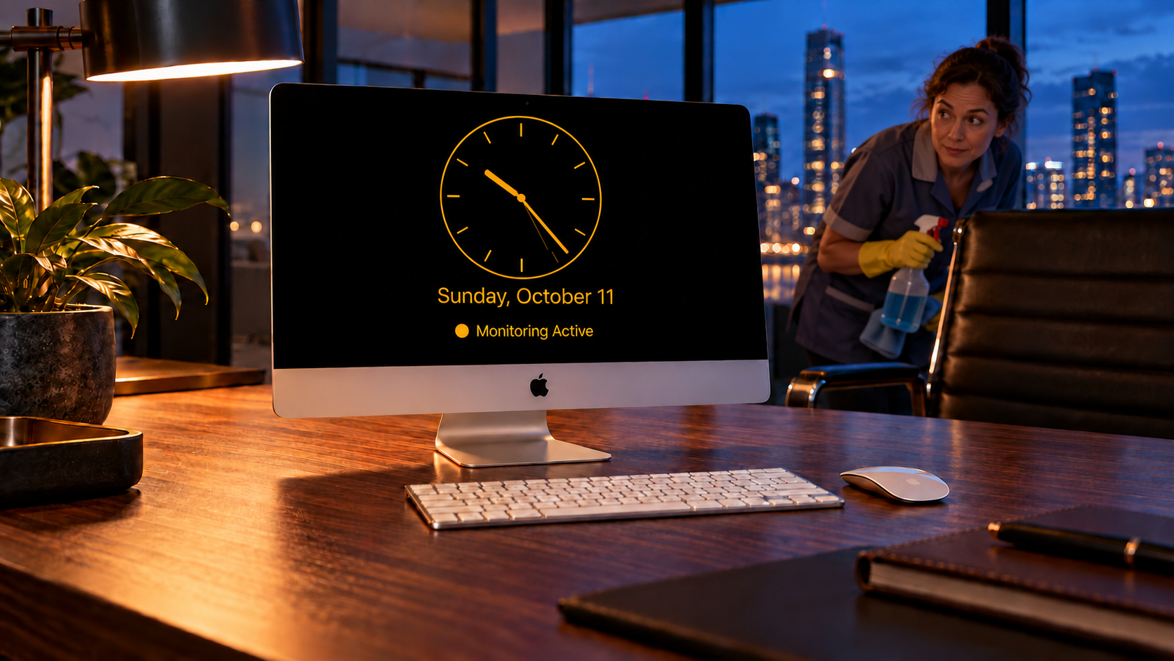Office Watch’s analog clock on a Mac, with a staged cleaner in the background.